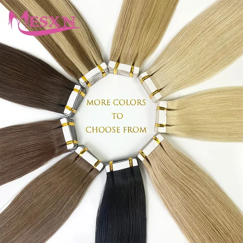 Tape In Hair Extensions 100% Really Human hair Extensions 16"-24" Black Brown Blonde Invisible Can dye For Salon