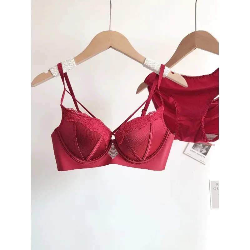 Women Sexy French Lace Push Up Bra Set Polka Dot Small Cup Shaping Sweet Lingerie Breathable Underwear Daily Dating Nightwear