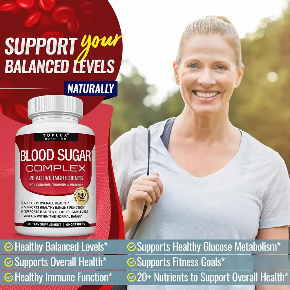 Premium Natural Blood Sugar Complex Supplement for Men & Women - Naturall 20 Herbs and Vitamins with Cinnamon Non-GMO Vegan