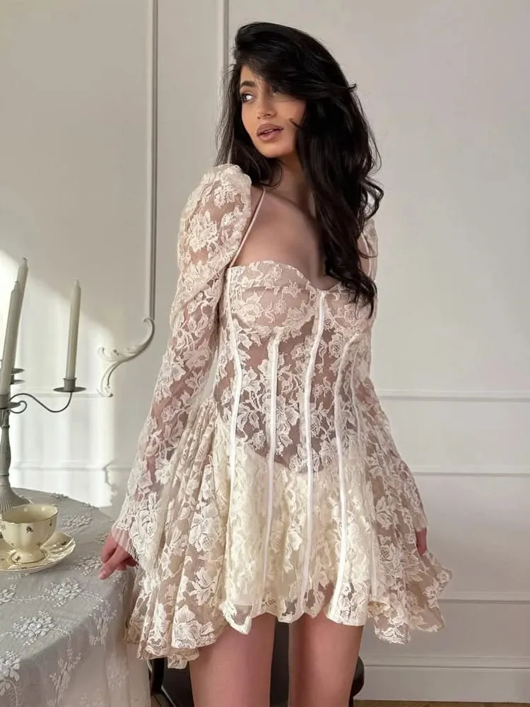 White Lace Lace-up Fishbone Mini Dress Women Chic Backless Full Sleeve See Through A-line Dresses 2026 Lady Evening Party Robe