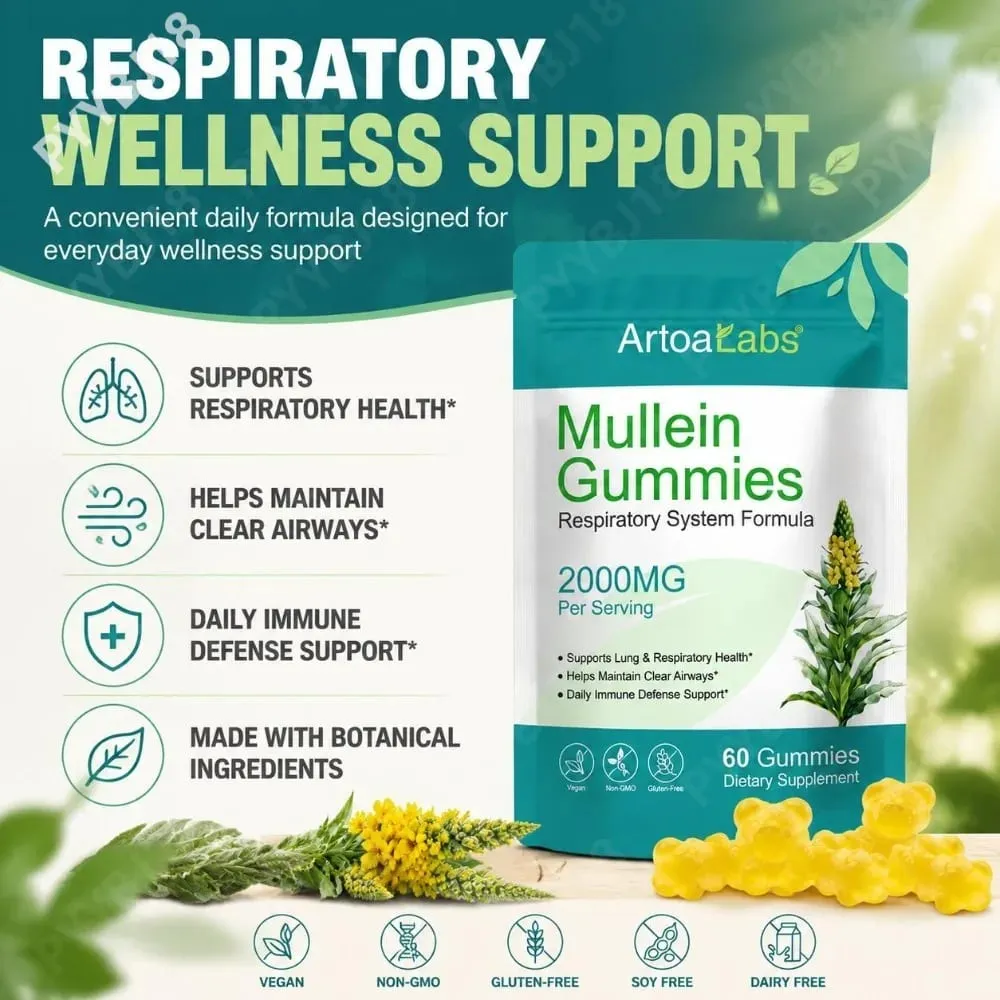 ArtoaLabs Mullein Gummies 2000mg 50:1 Extract for Respiratory Health & Clear Airways Supports Daily Immune Defense 60 Gummies