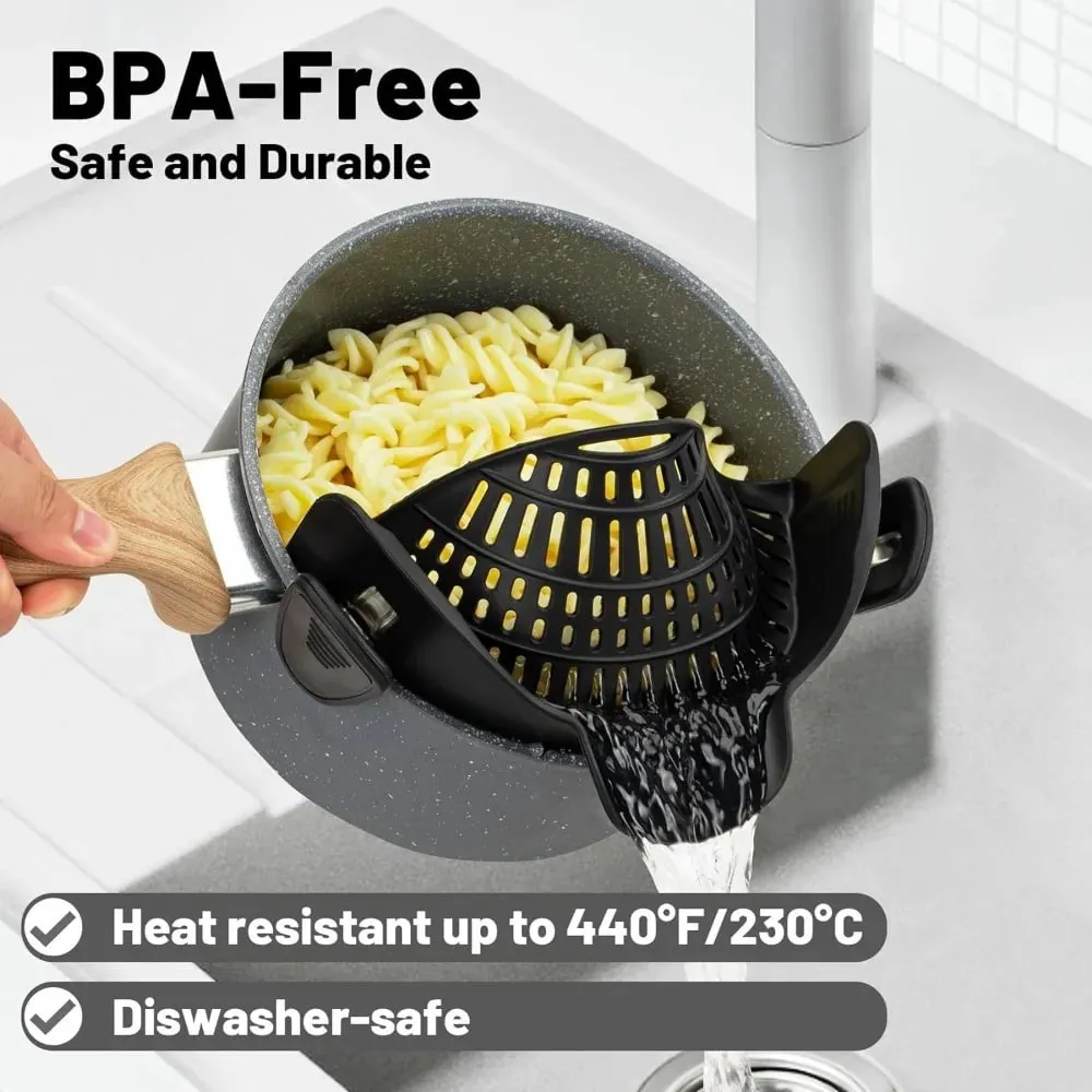 Heat-Resistant Silicone Clip-On Strainer for Pots/Pans - Collapsible Drain Colander for Pasta Veggies Fruits - Kitchen Tool