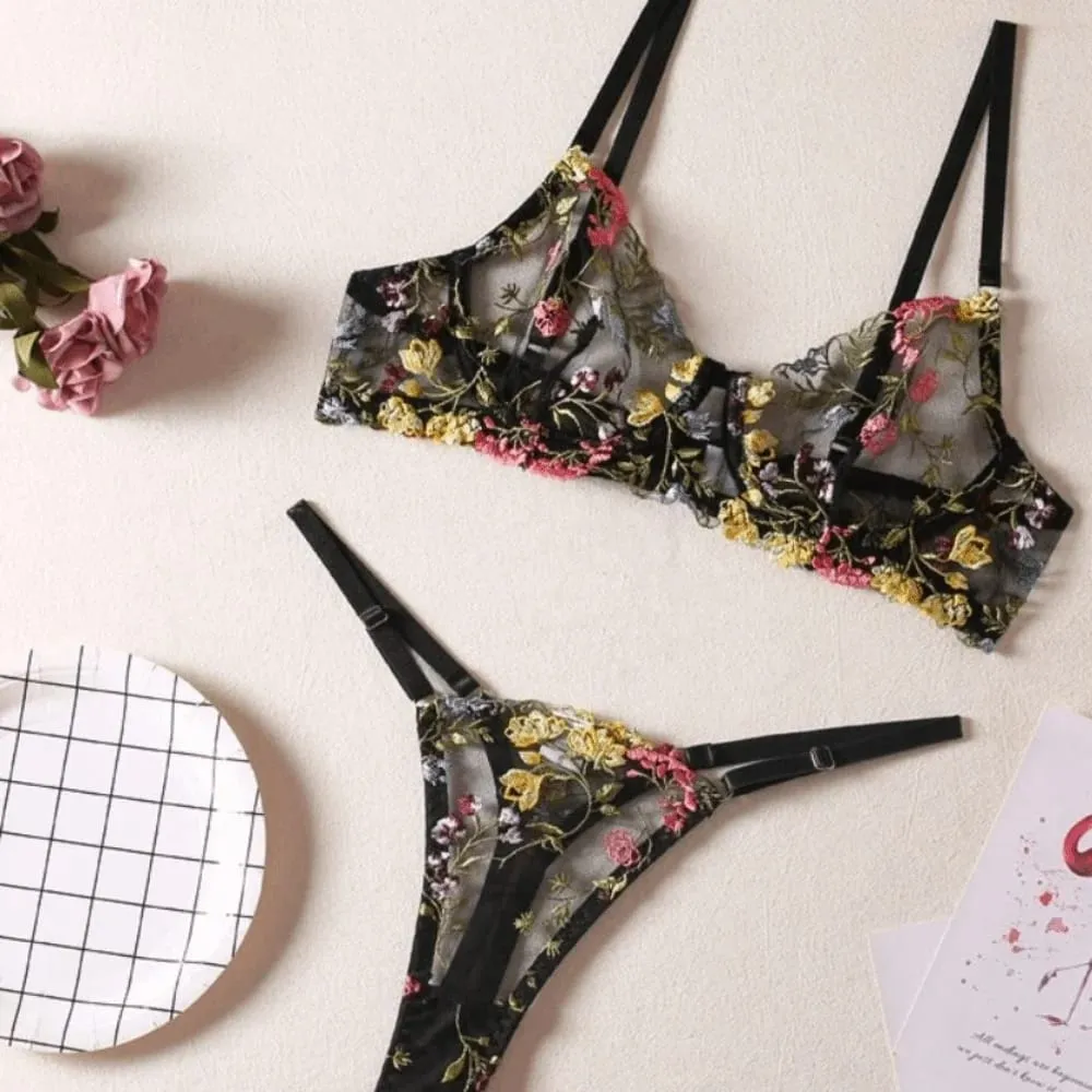 2-Piece Versatile Floral Lingerie Set Embroidery Sheer Women Underwear Intimates