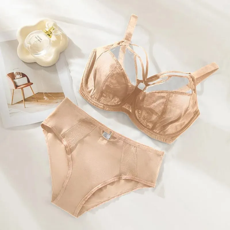 Plus Size Bra Set D-L Cup Minimizer Full Coverage Lingerie Anti Sagging Push Up Breathable Mesh High Waist Panties Women