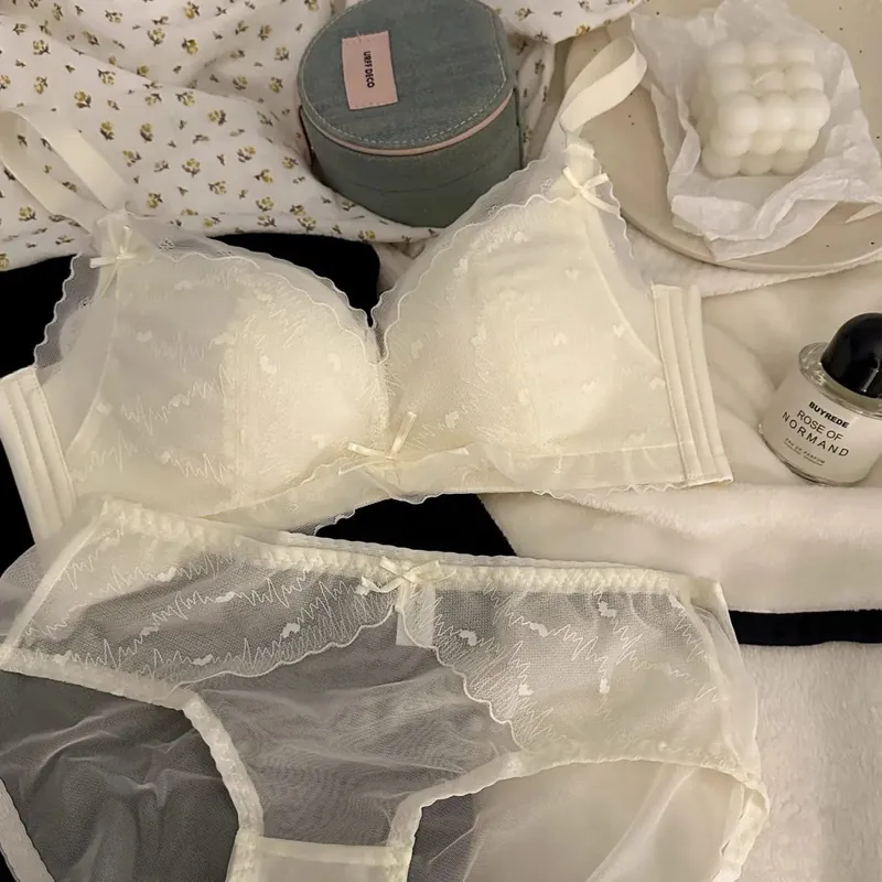 Lace Heart-Shaped Thin Seamless Bra Set with Small Chest Gathered on Top and Anti Sagging Support Without Steel Ring Bra Set