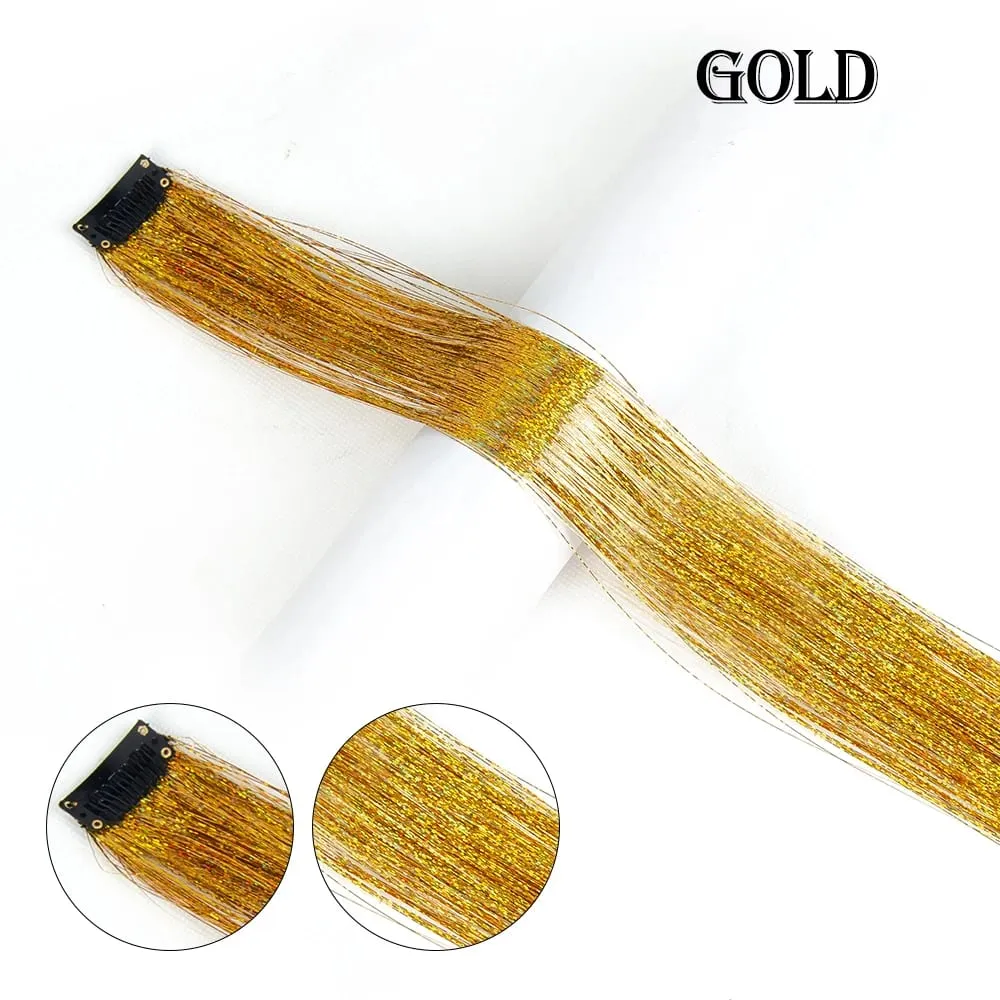 Straight Rainbow Colored Party Highlights Clip On In Hair Extensions Bling Hair Piece Synthetic Hairpieces Sparkling Tinsel Red — image 10