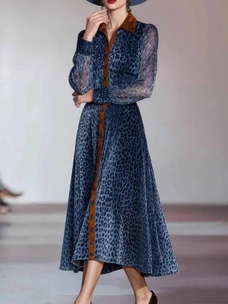 Women Elegant Dress Leopard Printed Mesh Dress Colorblock Lapel Collar Single Breasted Vintage Chic Long Sleeve Dress
