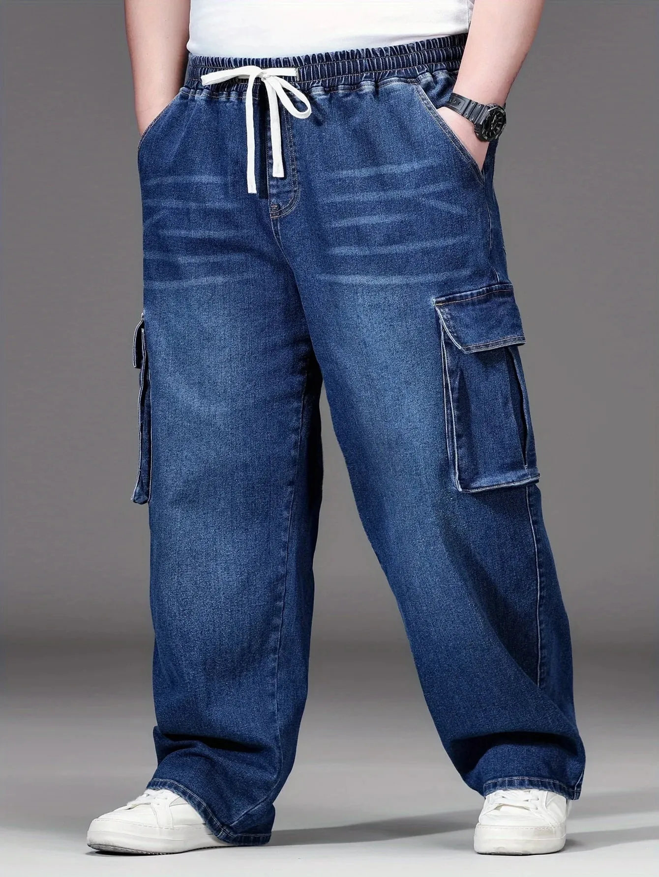 2026 New Men Oversized Jeans High Waist Elastic Drawstring Stretch Baggy Denim Pants Casual Versatile Plus Size Trousers