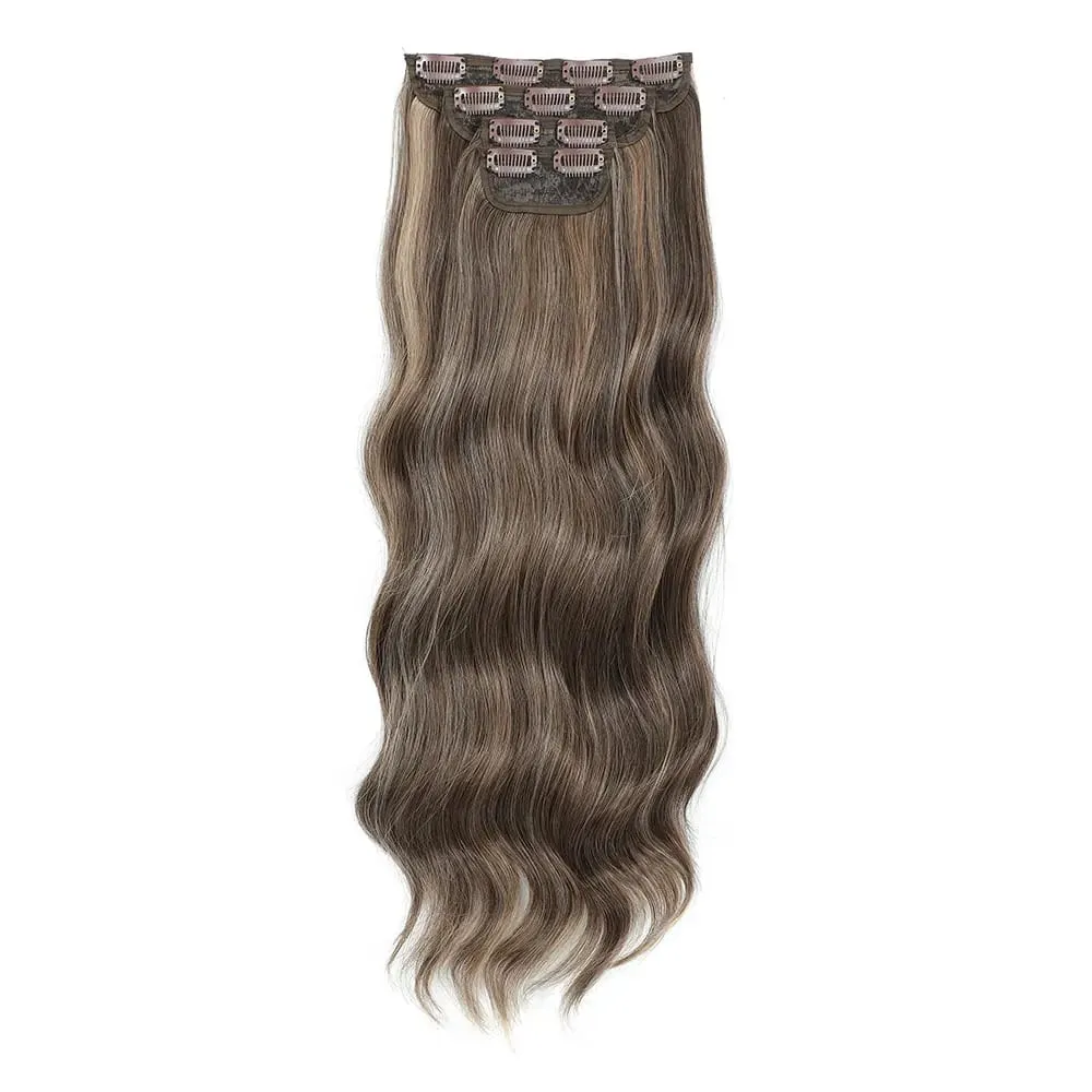 4Pcs/Set 11 Clips 22 Inches 220g Beach Waves Clip in Hair Extensions Sandy Blonde Champagne Heat Resistant Synthetic Hairpiece