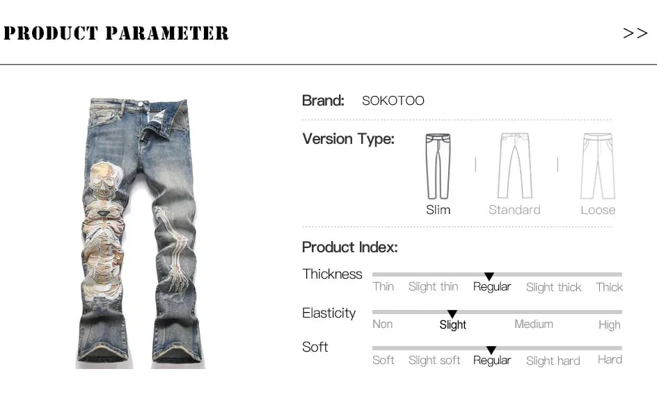 Men's Skull Boot Cut Denim Jeans Vintage Blue Devil Embroidery Stretch Pants Slim Flared Trousers