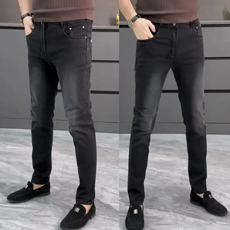 High-end Jeans Men's Spring and Summer Versatile Slim Pants Black Trendy Brand Business Trousers Men Clothing Low Rise Jeans