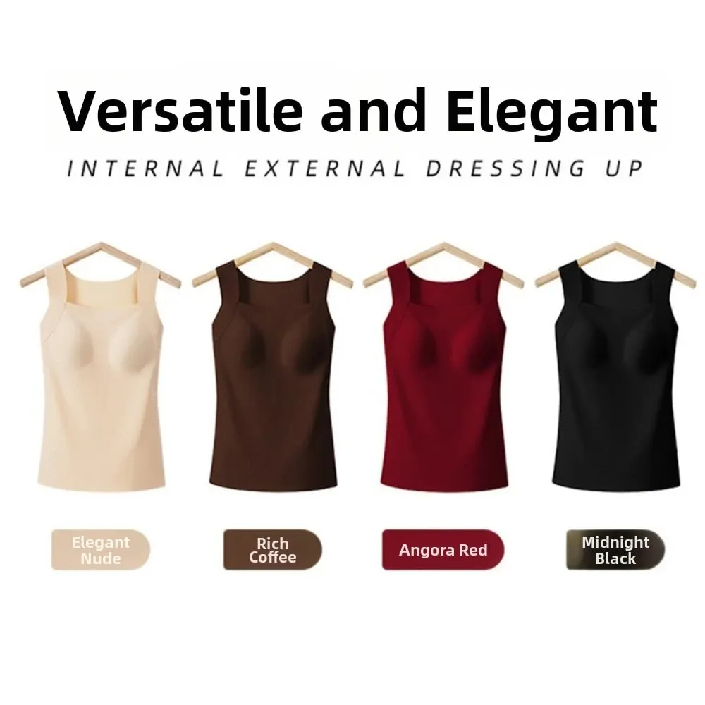 Built-in Bra Seamless Camisole Fixed Cup Solid Color Thermal Vest Stretchy U Neck Bottoming Underwear Multi-layer Wear