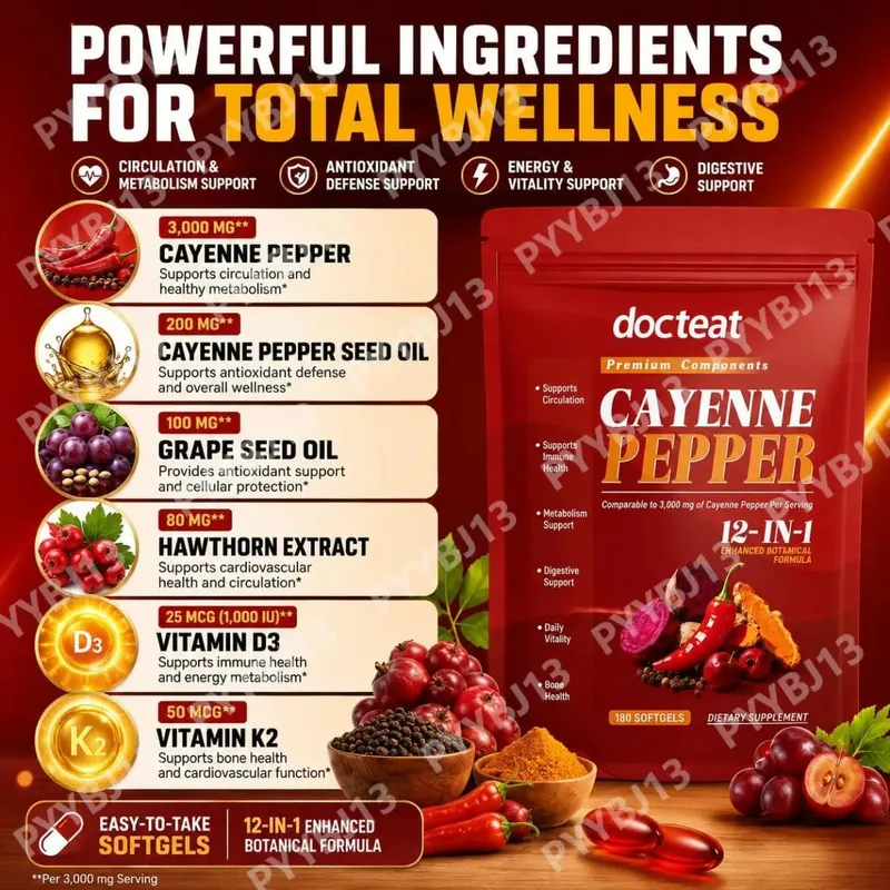 Docteat Capsule molli al Pepe di Caienna con Vitamina D3 e K2 Metabolismo energetico e supporto digestivo Difesa antiossidante 180 Capsule molli