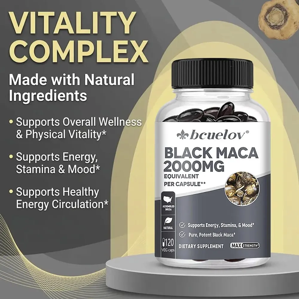 Black Maca Capsules 20000mg - Supports Brain Function Promotes Muscle Growth & Recovery Super Absorption Improve Vitality
