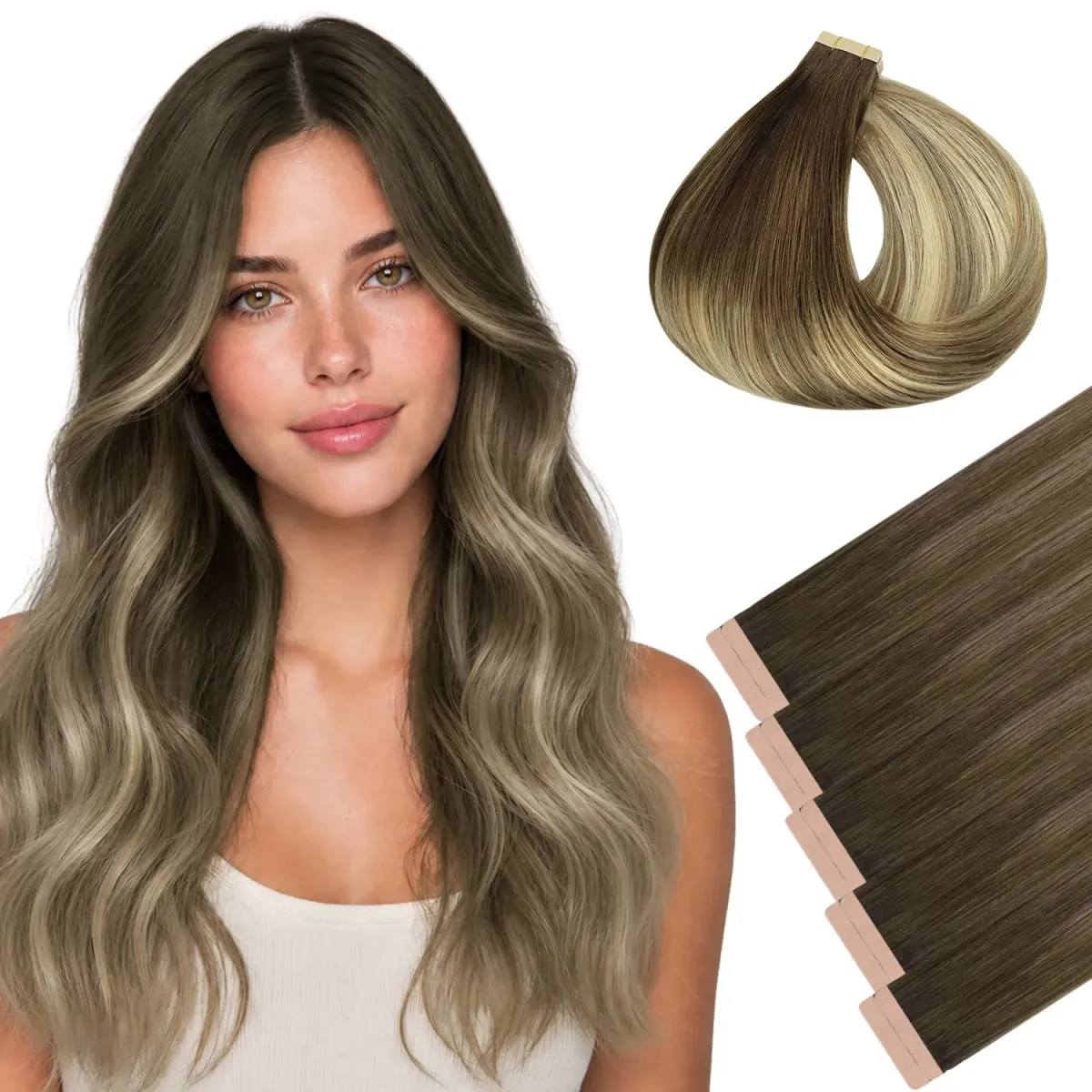 Sunmofavo Invisible Tape In Hair Extensions Seamless Full Thick Silky Straight Ombre Walnut Brown 10Pcs 100% Remy Human Hair