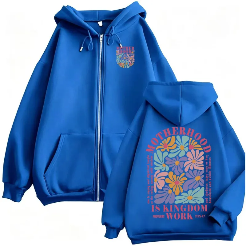 Motherhood Is Kingdom Work Christian Mom Zip Up Hoodies Men Women Fashion Aesthetic Sweatshirts Jacket High Quality Zipper Coats