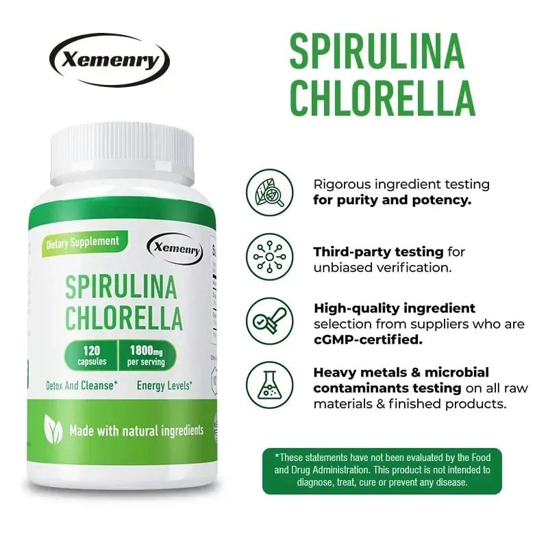 Spirulina Chlorella Capsules - Supports Cardiovascular and Immune System Health Powerful Antioxidant