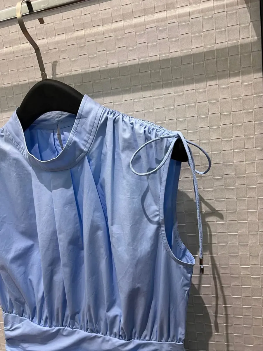 New 2026 spring summer women drawstrings stand collar cotton dresses sleeveless folds irregular dress — image 4