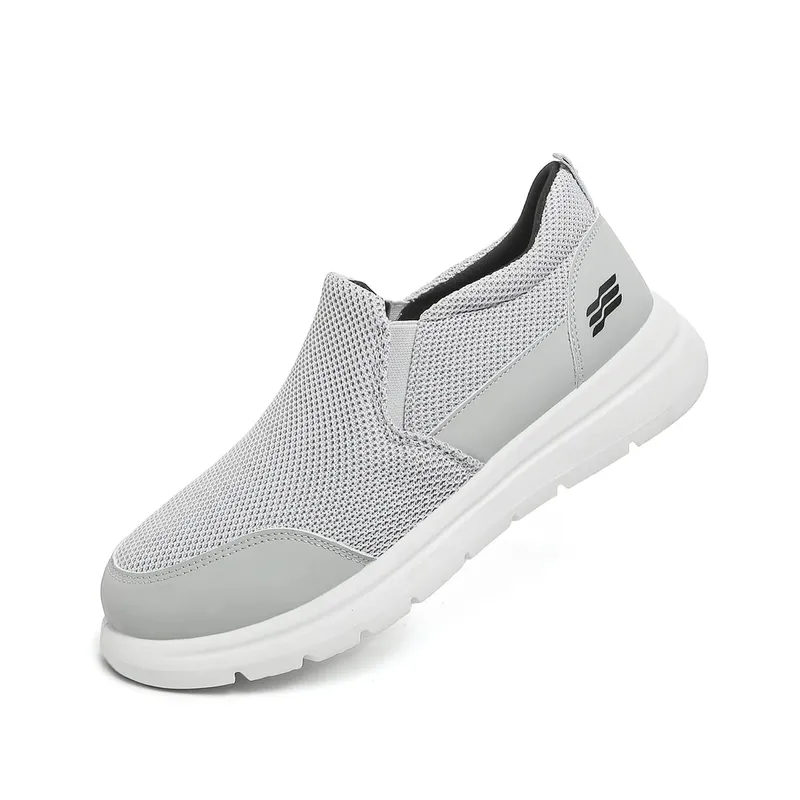 Men's slip-on hollow mesh walking loafers spliced smooth toe overlay dual elastic side gussets block segmented white outsole d