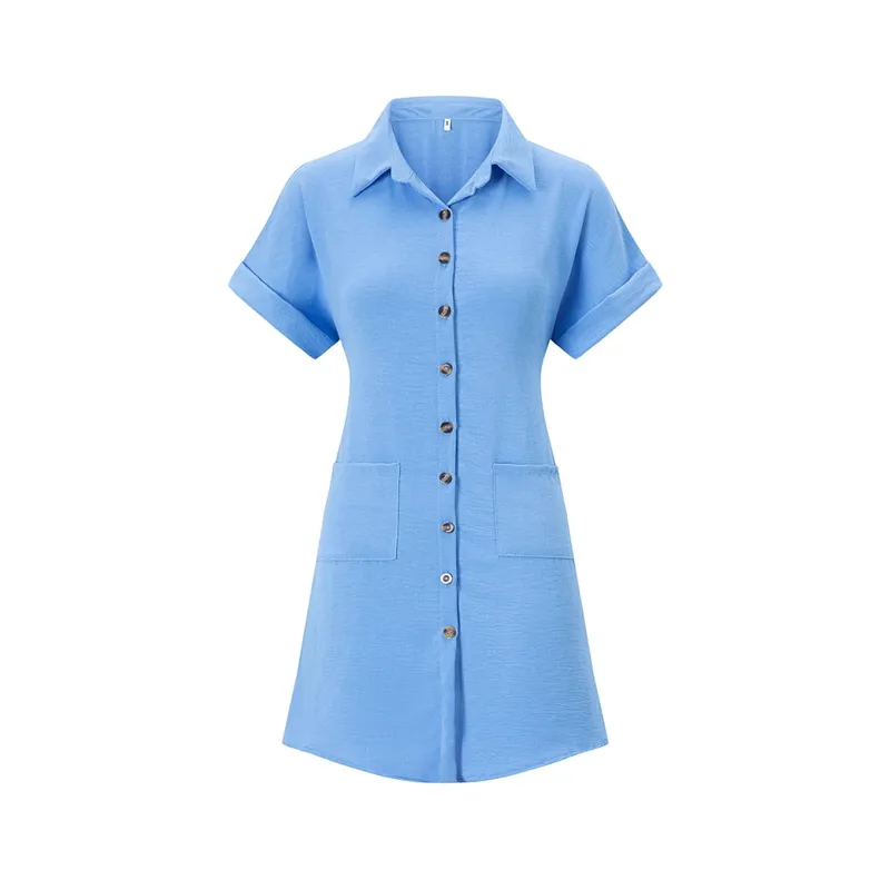 2026 European and American Cross Border Leisure Solid Color Cotton Hemp Buckle Long Short Sleeve Loose Shirt Dress Women's Wear — image 14