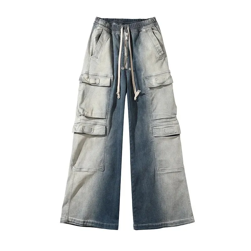 Rick RO style water-washed smoky gray gradient multi-pocket workwear straight-leg casual drawstring wide-leg bootcut loose jeans