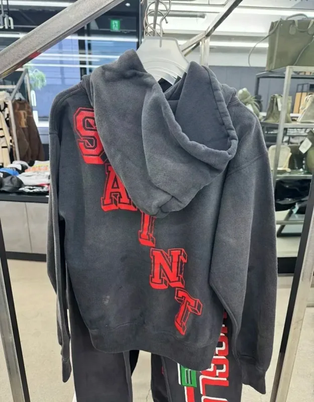 26FW SAINT x Ber B J Co-brand Big Logo Printed Women Men Washed Hooded Sweatshirt Hoodies Vintage Distressed Men Casual Hoodie