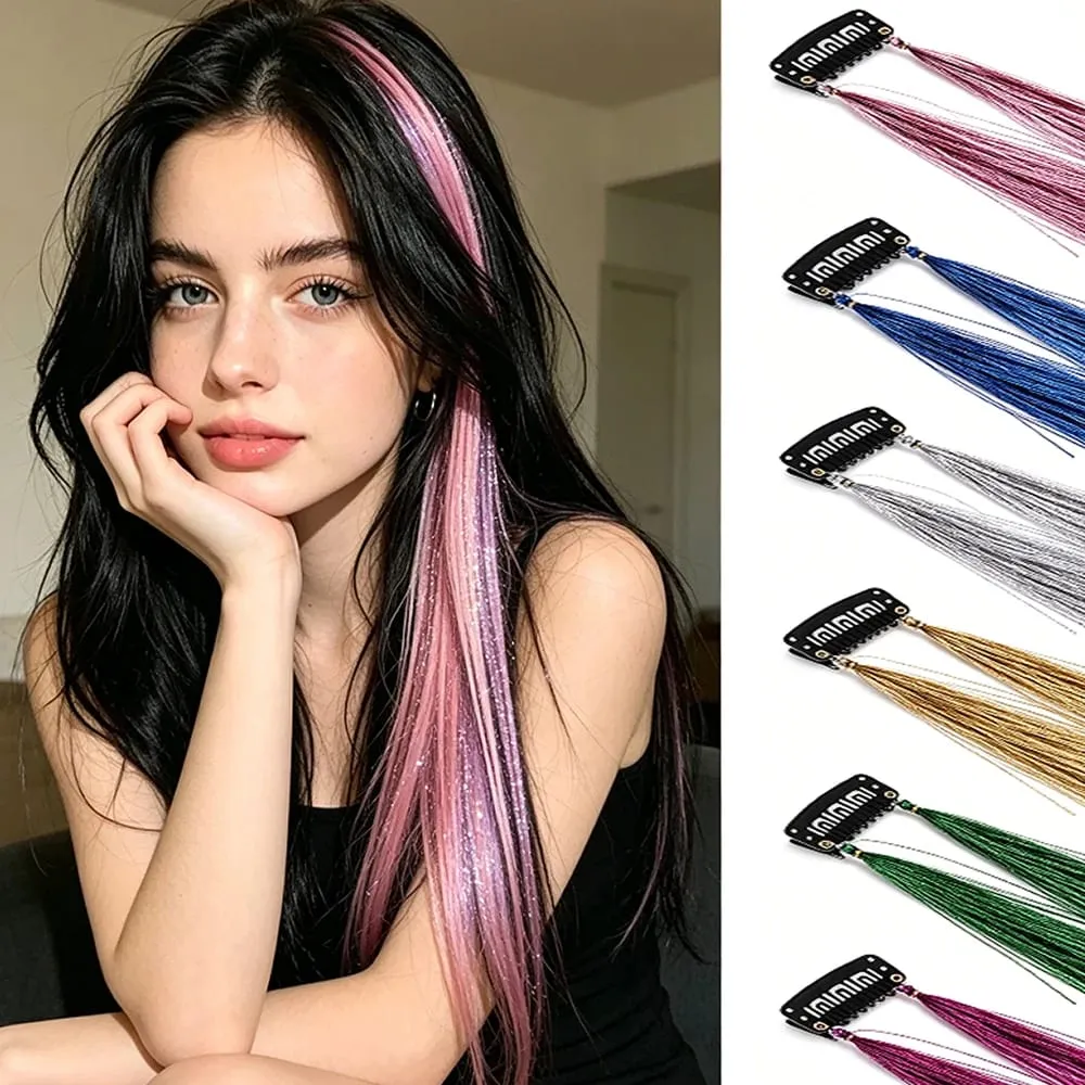 Multi-color Laser Wire Hair Extensions Shiny Tinsel Clip-in Hair Pieces Glitter Colored Hair Strands for Daily & Party Hairstyle