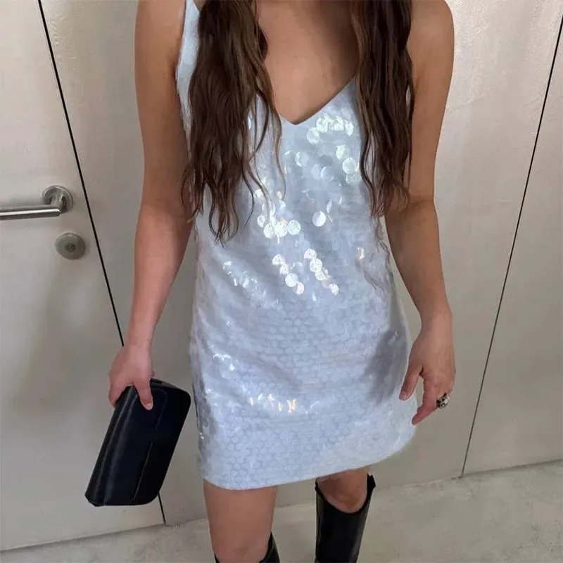Beach Sequin Short Women Dress Loose Deep V-neck Sleeveless Backless Spaghetti Strap Sundress 2026 Summer Solid Glitter Dresses