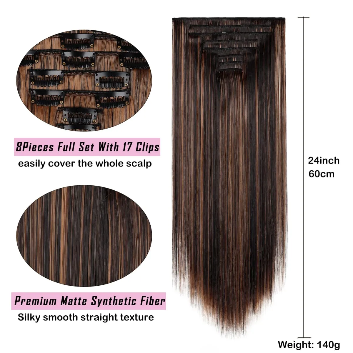 8pcs/set Long Straight Matte Synthetic Clip-In Hair Extensions Full Head Extension Hairpieces for Women