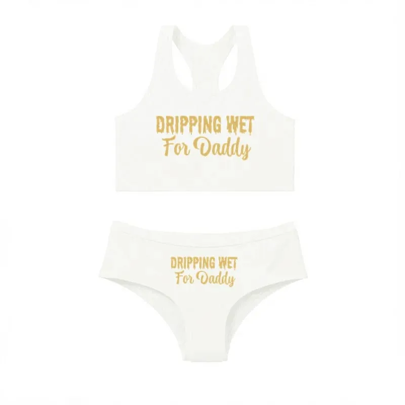Sexy Women Lingerie Set DRIPPING WET FOR DADDY Vest Briefs Set Comfort Breathable Cotton Tank Tops With Underwear Ladies Clothes