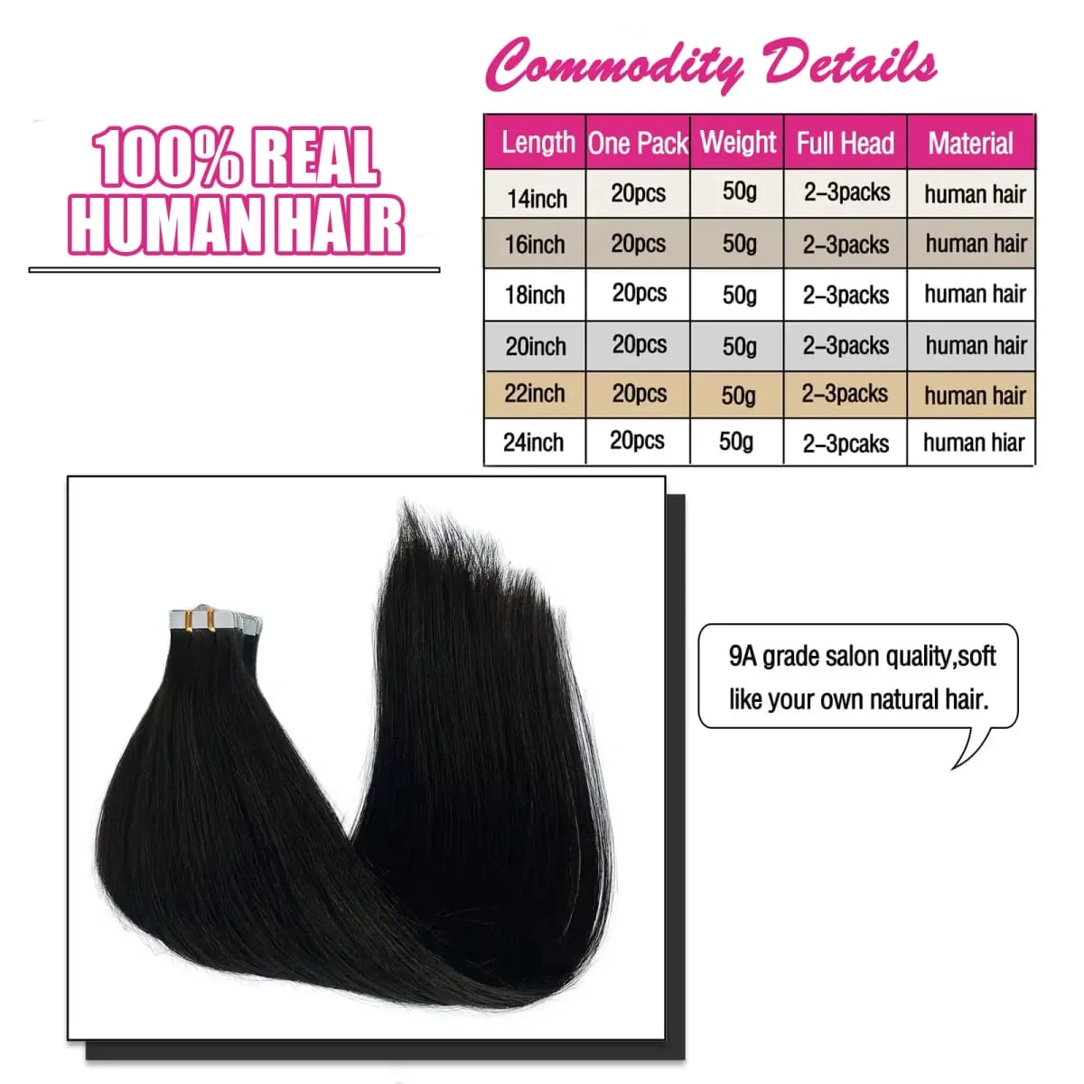 Tape In Hair Extensions Human Hair Natural Black Real Human Hair 20Pcs 50G/Pack Straight Seamless Skin Weft Tape Hair Extensions — image 7