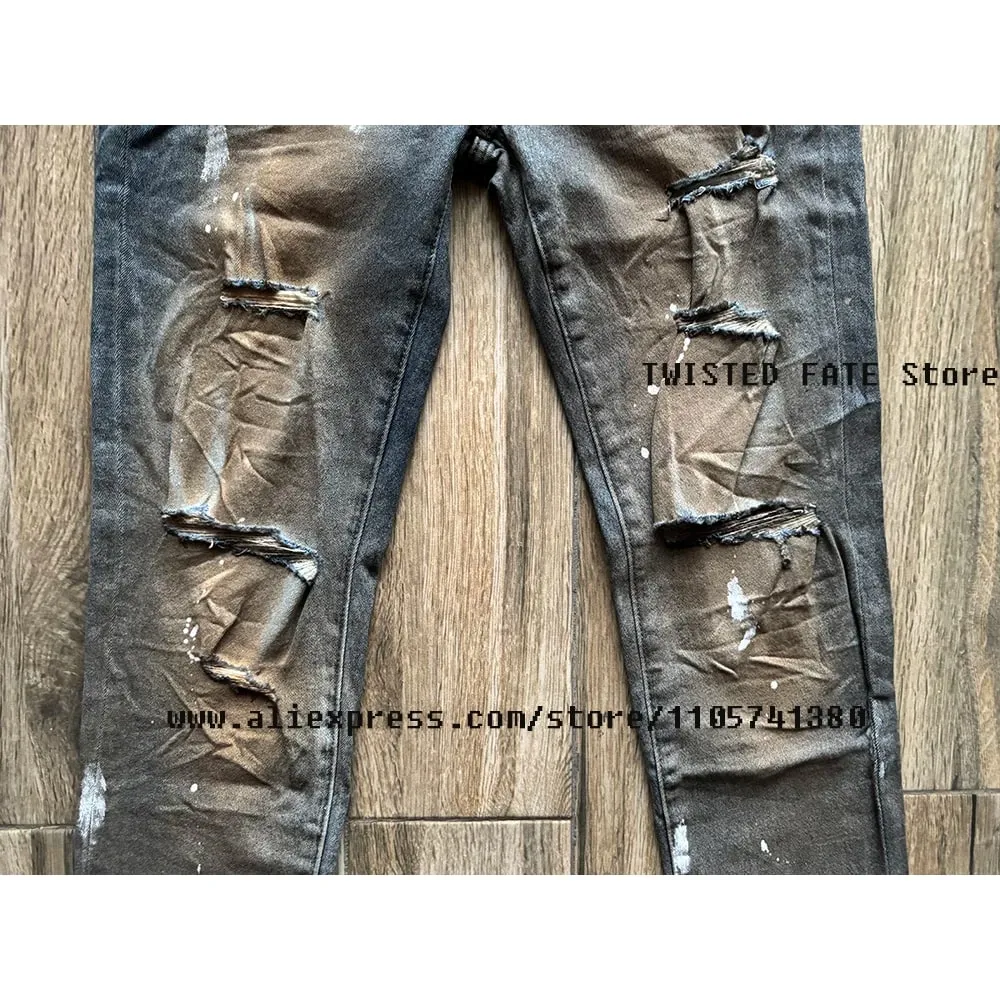 Men's High Street Distressed Dirty Washed Light Blue Cut Out Stretch Skinny & Slim Fit Spray Painted Ripped Jeans — image 5