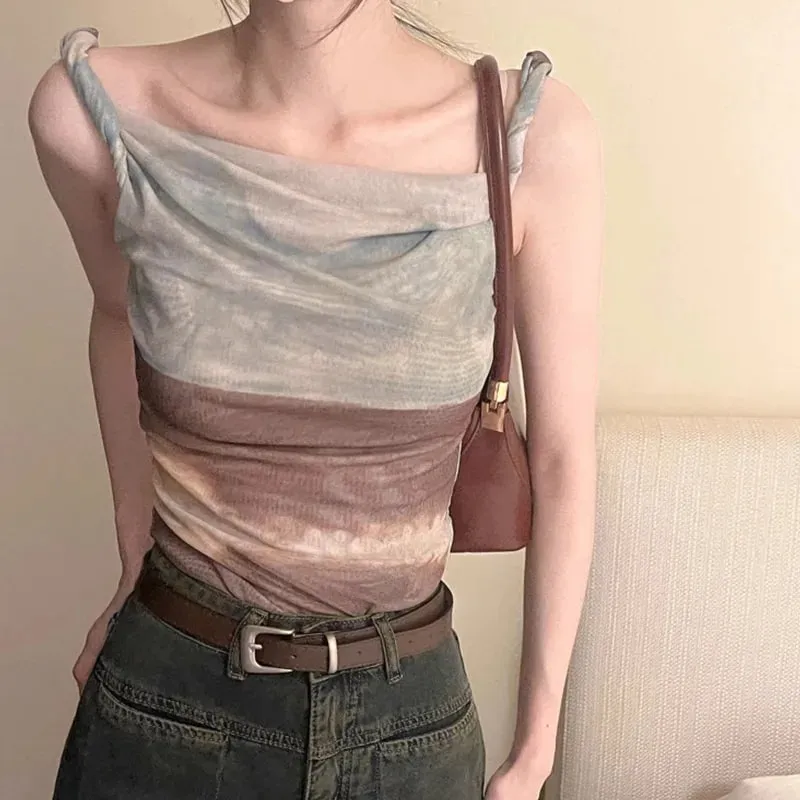 Irregular Net Strap Dyed Off-Shoulder Top for Women Summer American Print Vest Fashionable Versatile Sexy Fitted Short Style