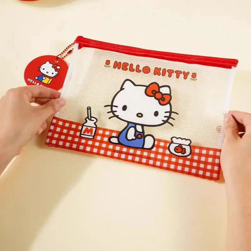 Genuine Sanrio Hello Kitty A5 Mesh Zipper Pouch Cute Kt Cat Waterproof PVC Document Bag For School File Pen Stationery Organize