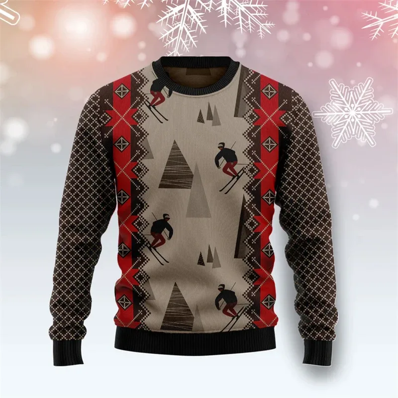 Fashion Skiing Santa Graphic Ugly Christmas Sweater For Men Trendy Streetwear 3D Printed Xmas Sweatshirts Loose Holiday Pullover — image 2