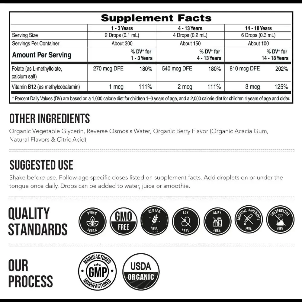 L-Methylfolate 5-MTHF Methyl B12 Drops for Kids Organic Berry Flavor Liquid Folate Supplement for Children Vegan 1 Fl Oz 30 ML