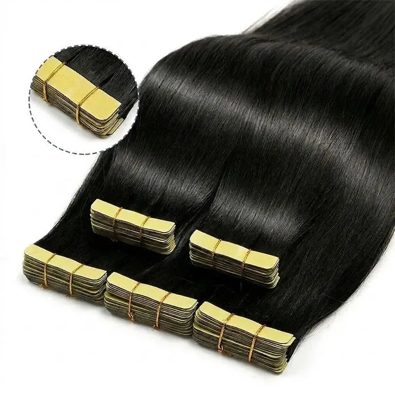 Tape In Hair Extensions Human Hair 16-24 Inch Seamless Invisible Remy Hair Extensions Tape Ins For Women Brazilian Natural Black 21Pcs 50g 100% Human Hair
