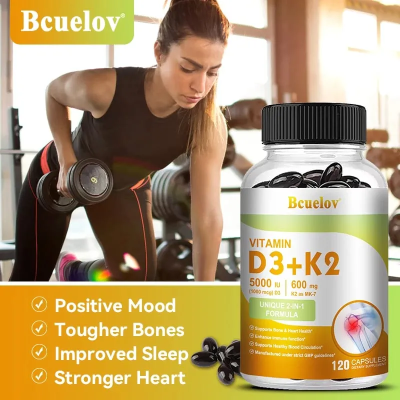 Bcuelov Vitamin D3+K2 5000 IE Vitamin D3 ikke-GMO formel let at sluge vitamin D og K kompleks kosttilskud