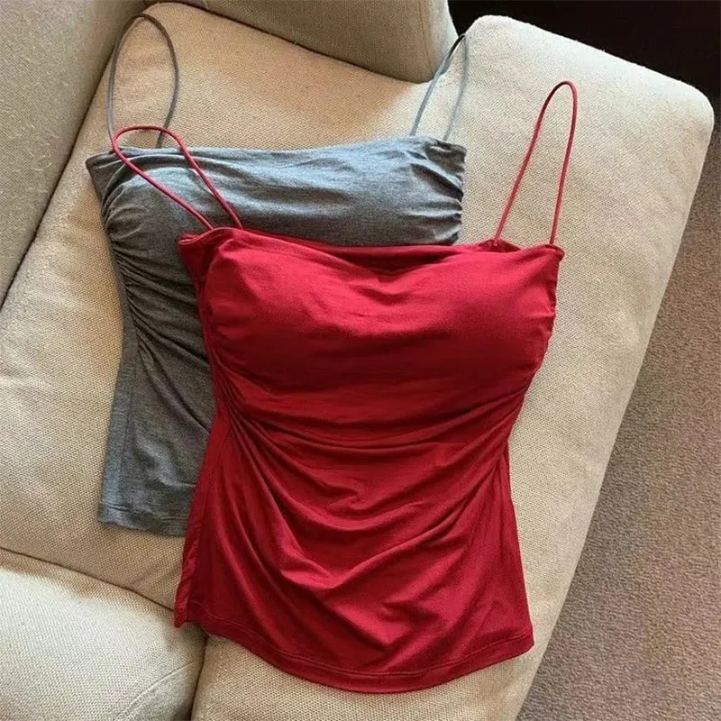Sexy Solid Pleated Tank Camisole Women's Summer Spaghetti Strap Sleeveless Tops
