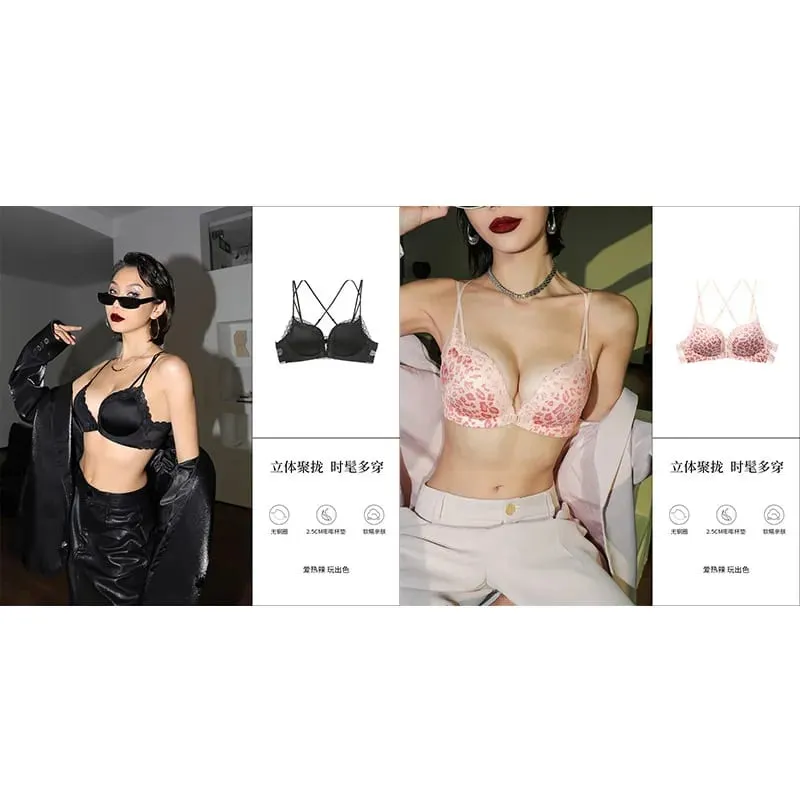 Victoria Style Wireless Lingerie Set Pink Leopard Pattern Front Closure Bra Sensual Back Push Up for Small Bust 32-38