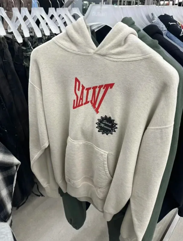 26FW SAINT x Ber B J Co-brand Big Logo Printed Women Men Washed Hooded Sweatshirt Hoodies Vintage Distressed Men Casual Hoodie