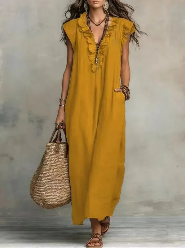 2026 Summer Women Boho Cotton Linen Maxi Dress Solid Color Ruffle V Neck Sleeveless Loose Long Dresses With Pockets Casual Beach — image 7