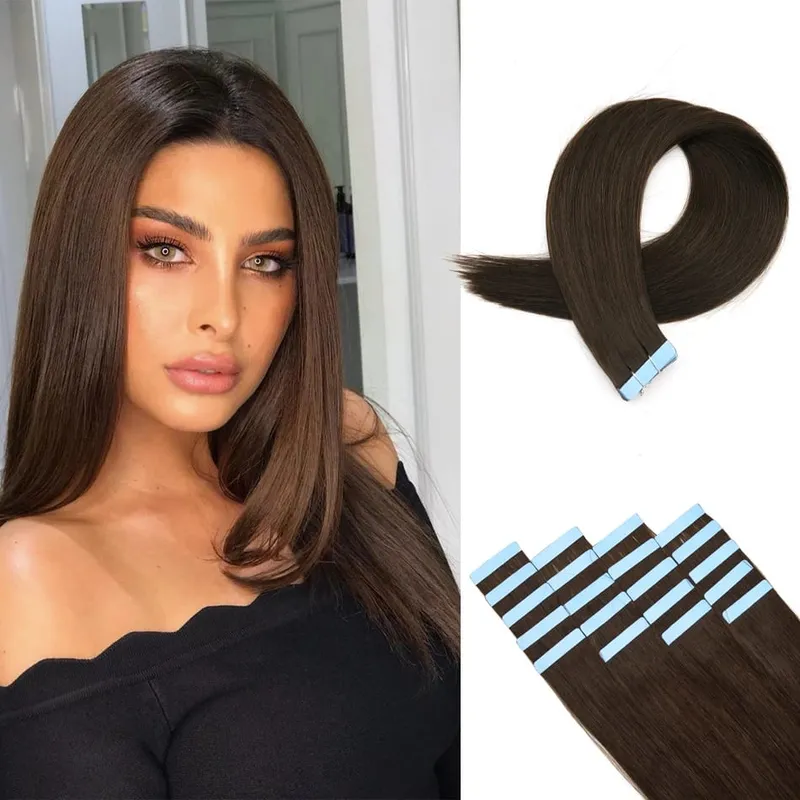 Natural Hair Tape in Extensions 100% Remy Human Hair Extensions Straight Balayage Brown Seamless Glue On Hair For Woman 20pcs