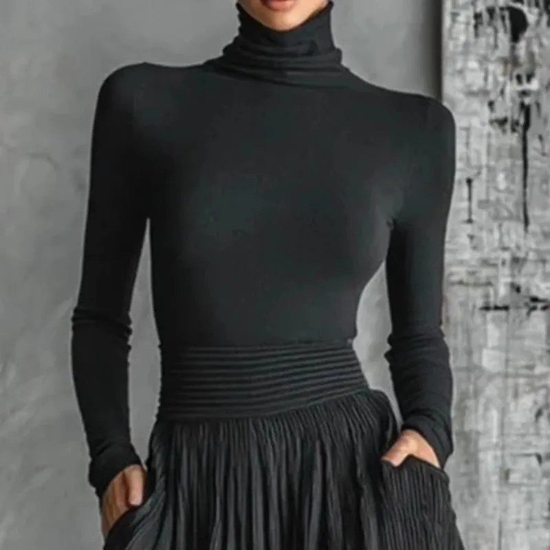 Set Skirt Dua Helai Anggun Perancis untuk Poket Wanita Labuh Berbelah Minimalis Pejal Garisan Berlipat Sut Slim Turtleneck Vintage