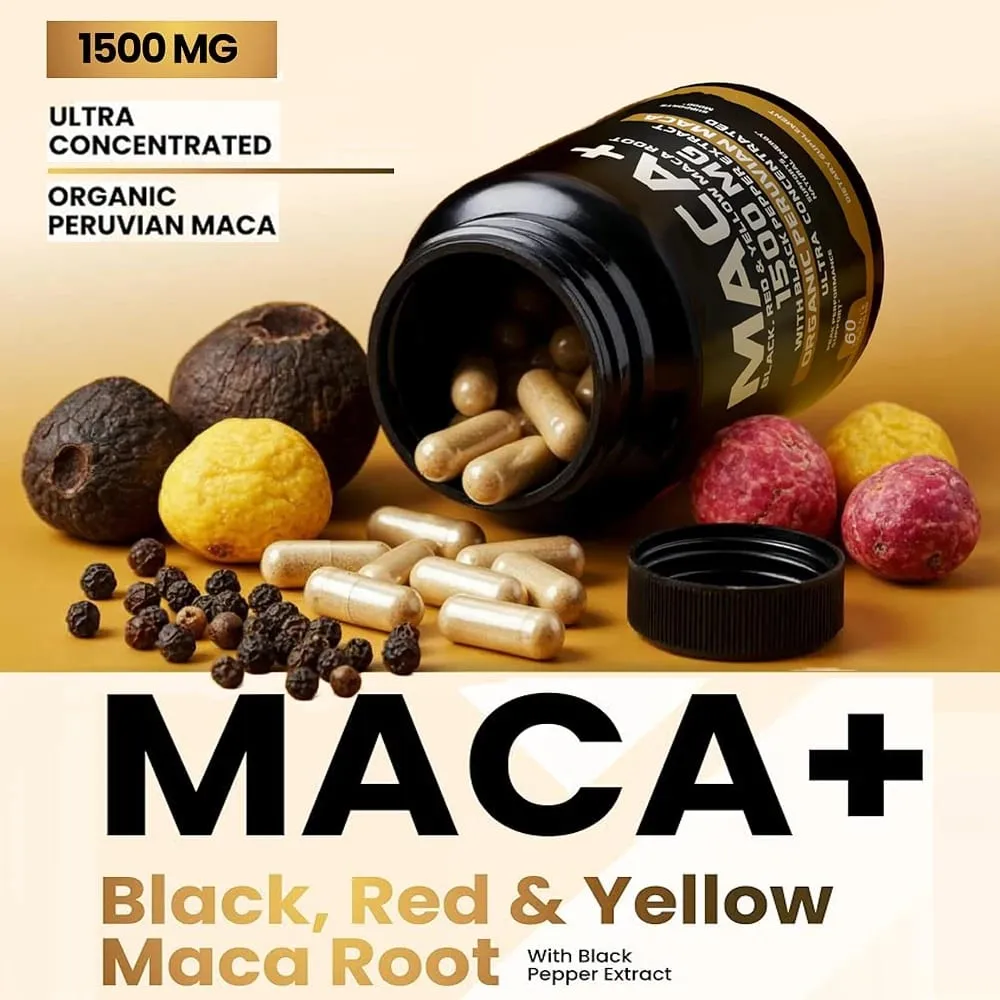 Organic Maca Root Powder Capsules 1500mg with Black+Red+Yellow Peruvian Maca Root Supplement for Men and Women - Vegan Pills — image 1