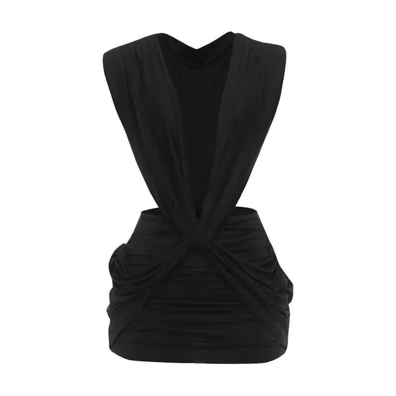 Nibber Folds Dress Wome Kink Deep v-Neck Sleeveless Solid Summer Trend Skinny Cross Waistless Stretch Beach Party Mini Bodycon