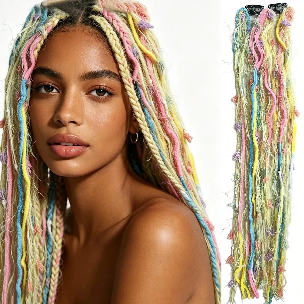 Synthetic 2Pcs Wool Yarn Dreadlock Clip Hair Extensions Maillard Long Boho Tassel Colored Vintage Braids Hair For Woman