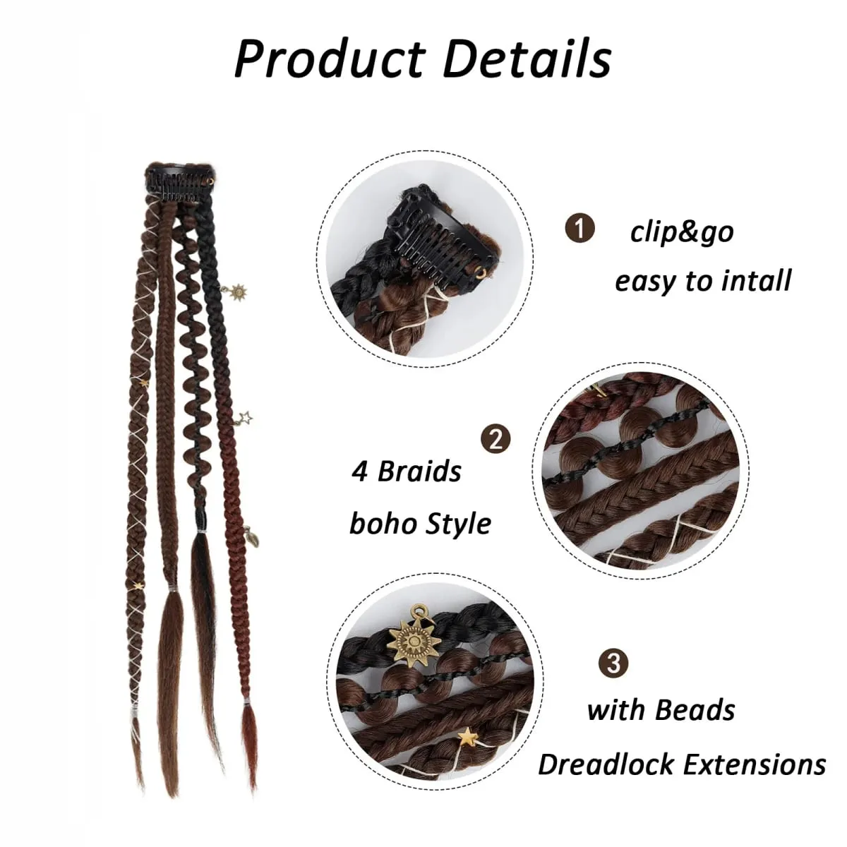 Clip in braids 2PCS 20Inch Dreadlock Extensions with Beads & Chains Viking Boho Braids for Cosplay Festival Daily Styling
