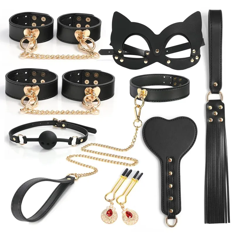 Slave Roleplay Set Leather Handcuffs Ankle Cuffs Ball Gag Mask Whip Collar Leash Sex Toys for Women Couples BDSM Bondage Kit — image 1