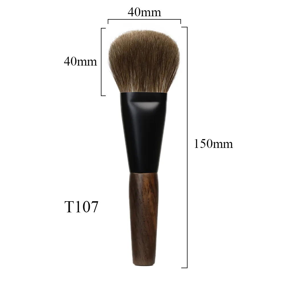 T107 pinceaux de maquillage professionnels faits à la main poils de chèvre naturels pinceau rond plat pour poudre pour le visage manche court en bois d'ébène pinceau de maquillage